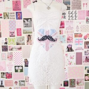 y2k white lace union jack mustache mini dress size S/M